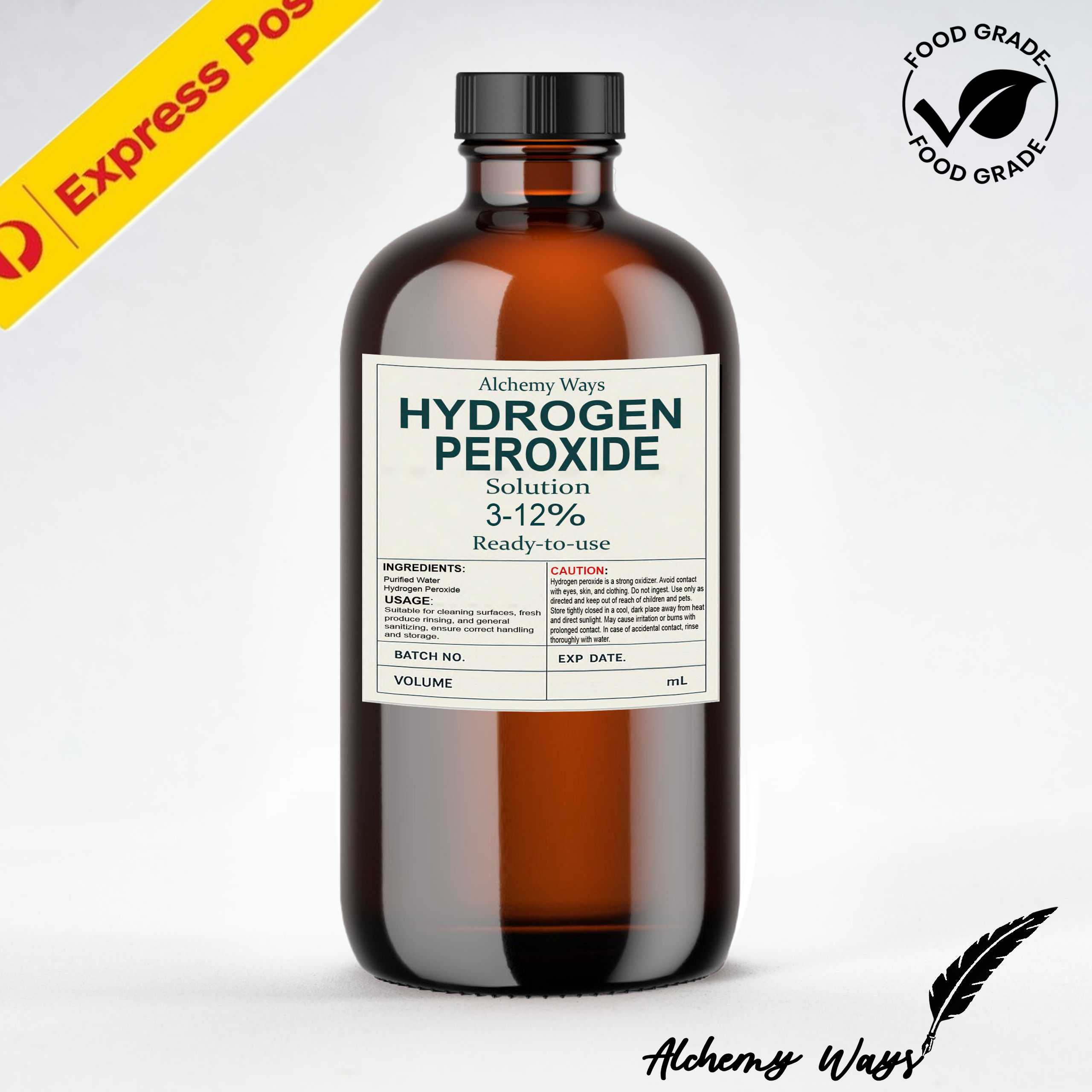 Hydrogen Peroxide 3%, 6%, 9% & 12% Amber Glass Food Grade H202 | Stabilizer Free